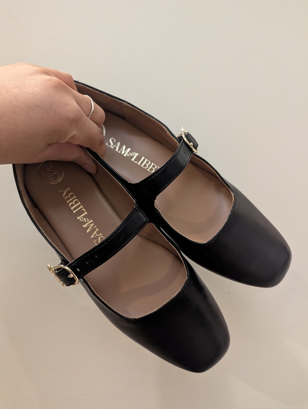 Sam & Libby Black Mary Jane Flats with Gold Buckles